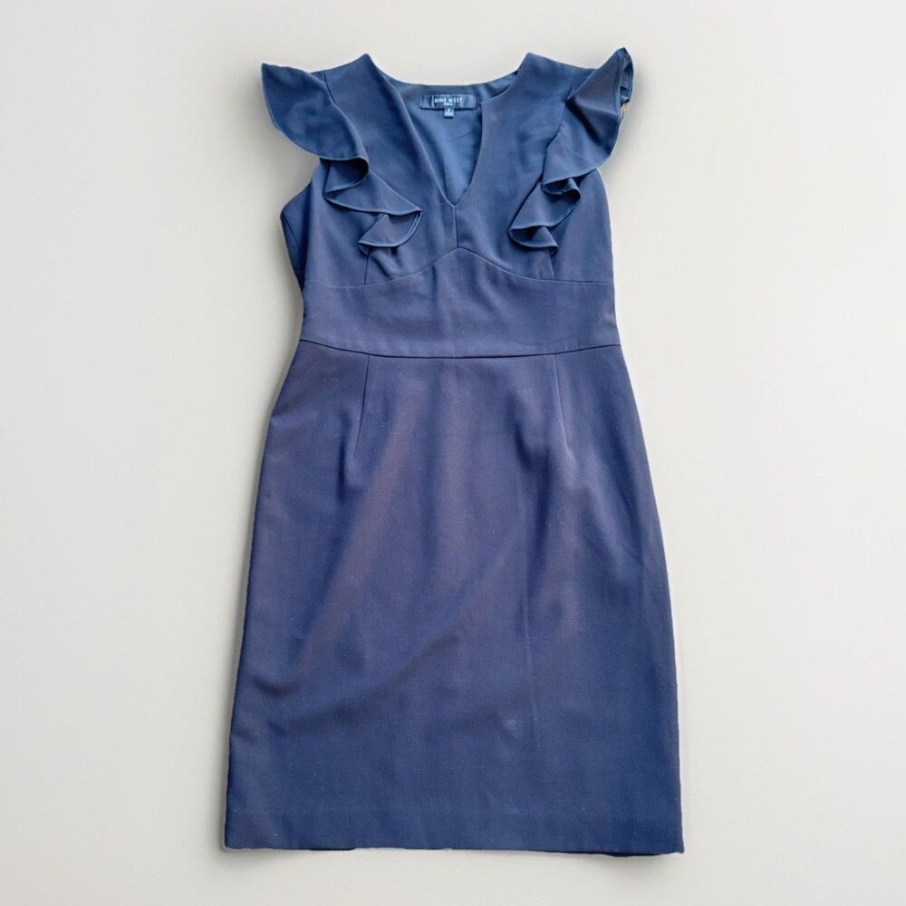 NWT $140 Nine West Ruffle V-Neck Sleeveless Sheath Black Dress Size 8 - Picture 13 of 14